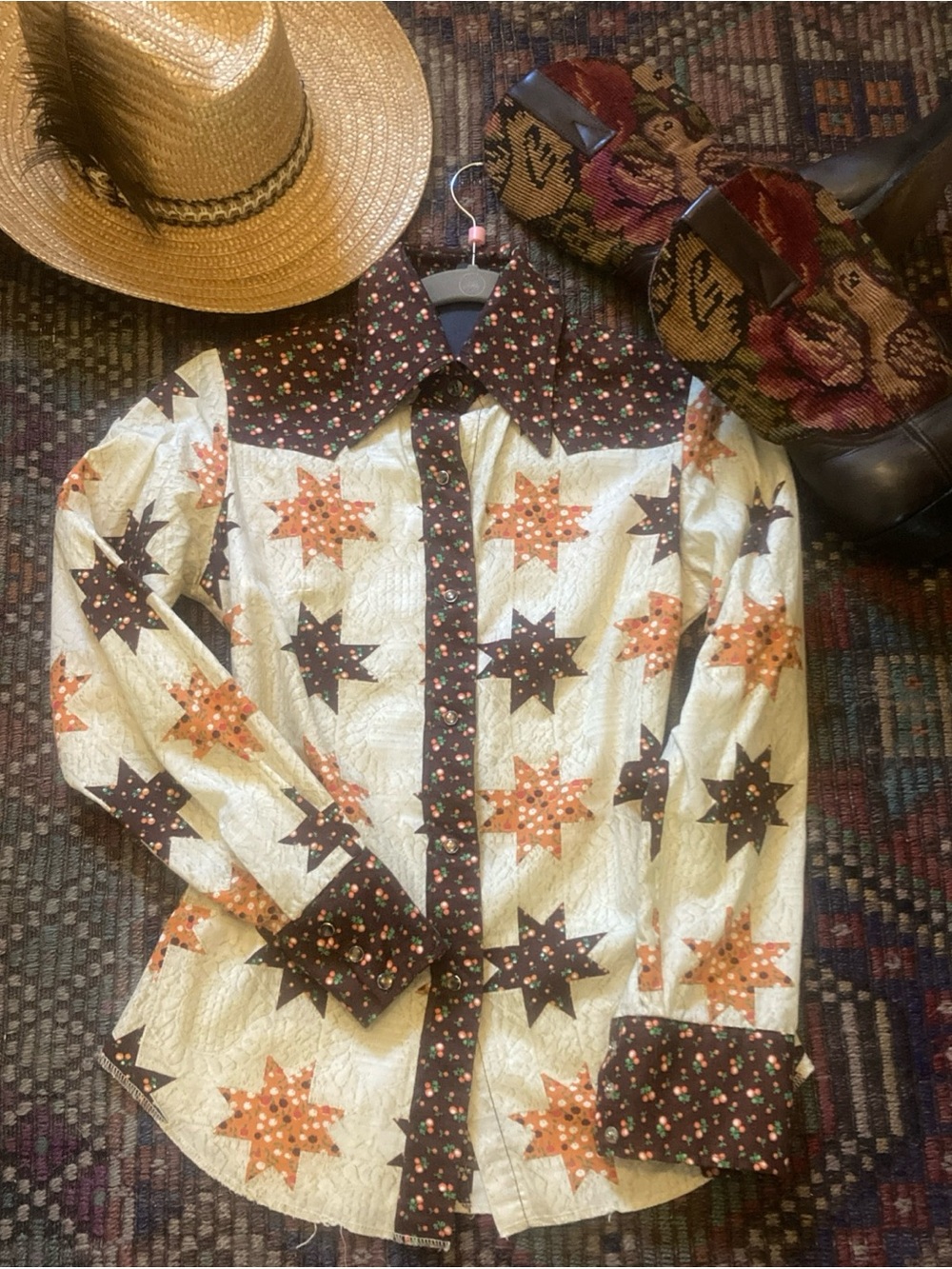 Vtg 70’s Western Patchwork quilted Print cowboy shirt Rodeo cottage boho top